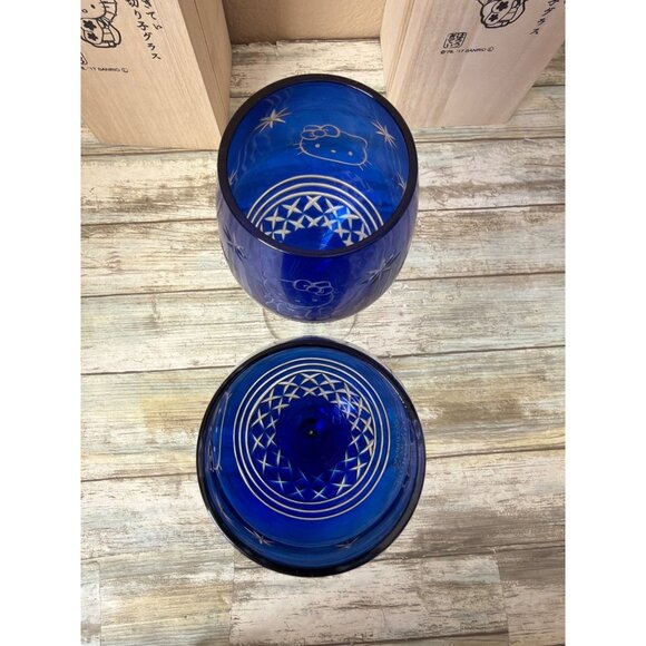 2 X Hello Kitty Kiriko Wine Glass Blue w/ Wooden Box Sanrio Japan 2017 - Picture 5 of 12